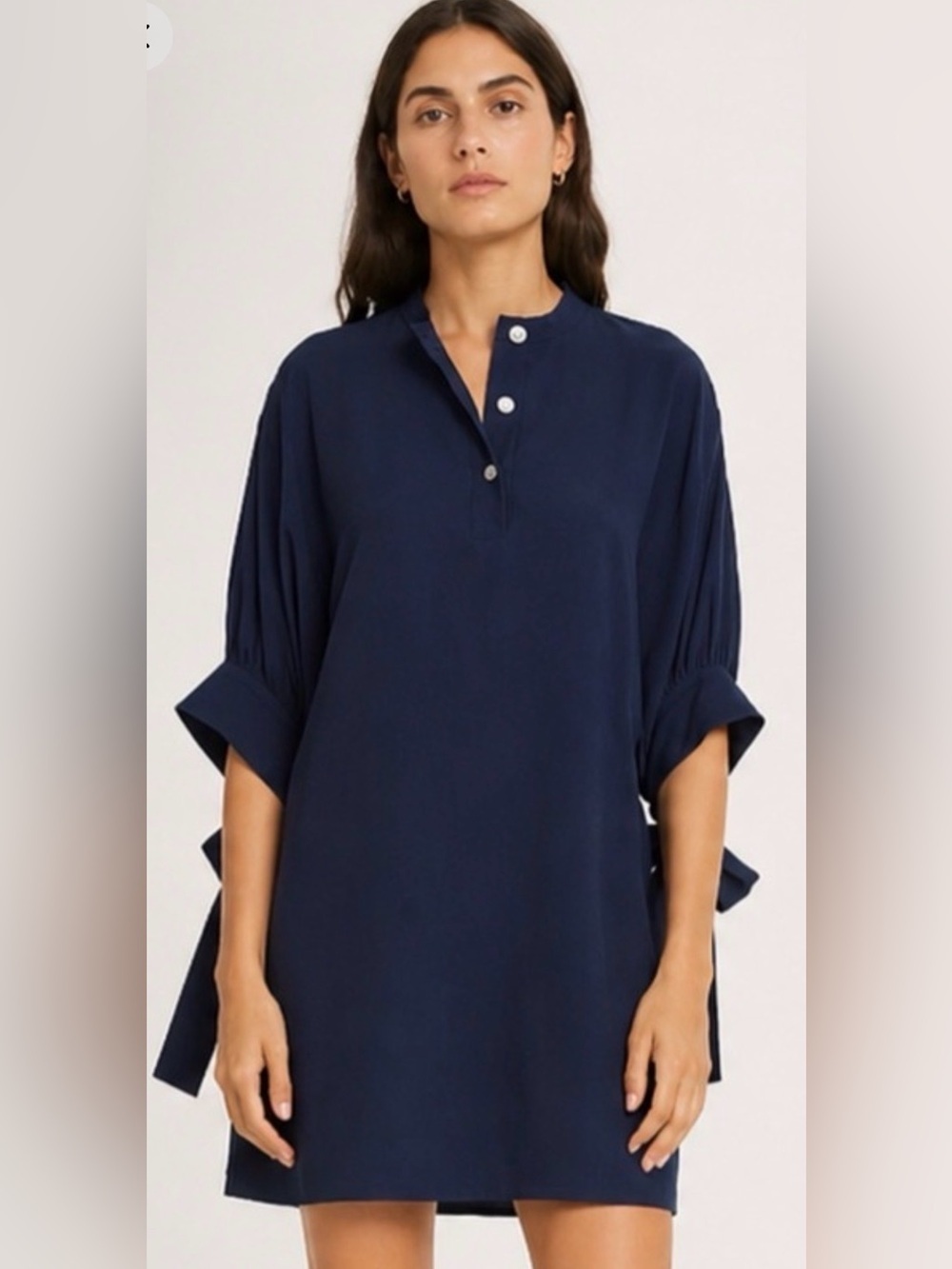 Club Monaco Tie Sleeve Shirtdress Navy Size 8 Gold Button Shift Dress